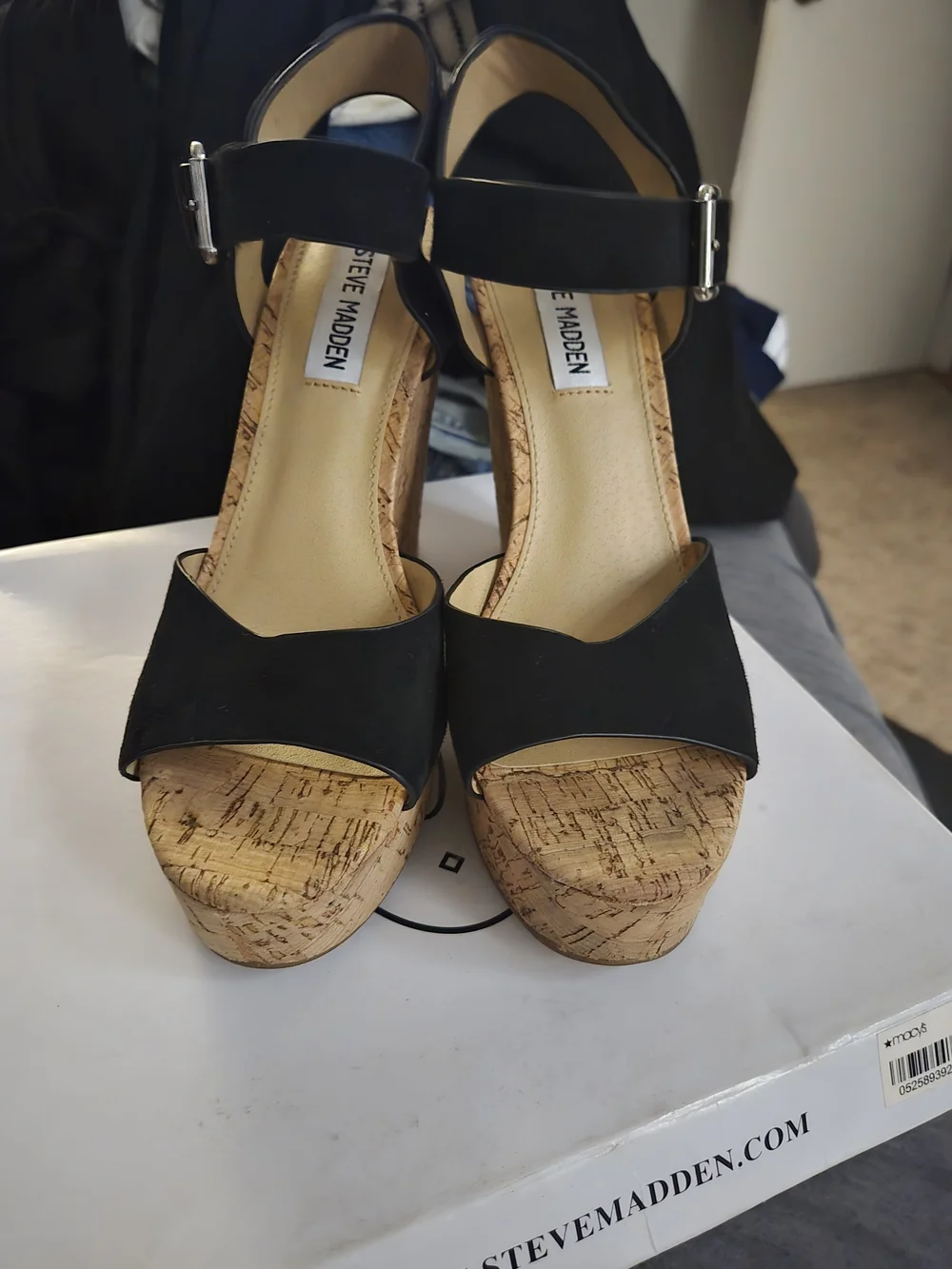 Steve Madden Black Platform Cork Block Heel Sandals with Buckle
